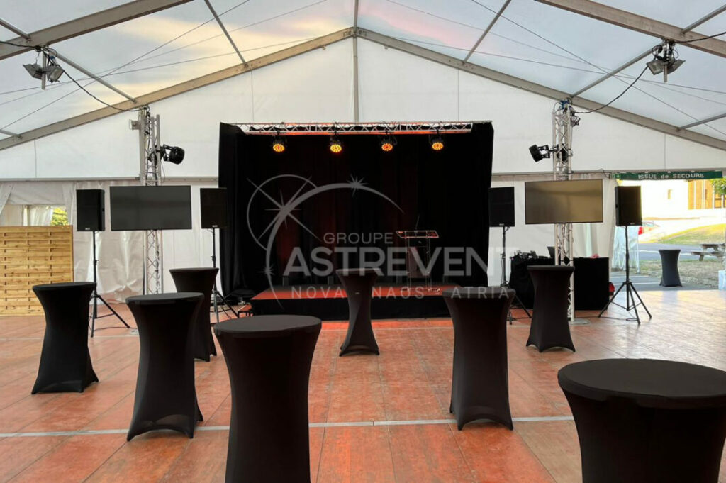 Groupe Astrevent Nova Naos Atria sonorisation chapiteau pour prise de parole avec system son Nexo PS15R2 et PS10R2
